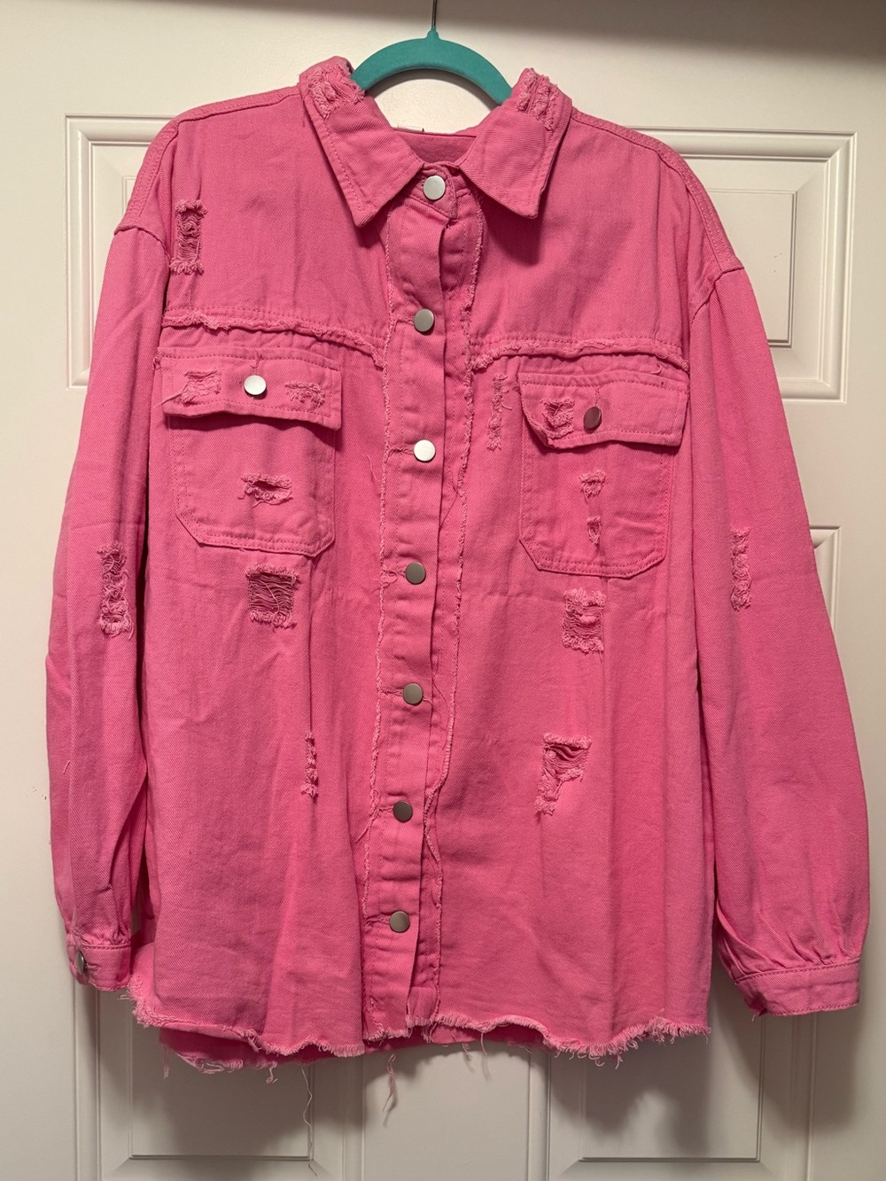 Pink Distressed Button-Front Overshirt Jacket NWOT